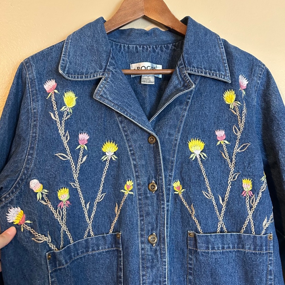 Vintage Demin Embroidered Floral Thistle Jacket Roger 100% Cotton - Picture 6 of 9